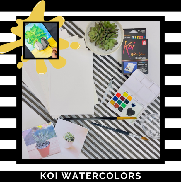 Explorer Box with Koi watercolors, brushes, paper, and project supplies