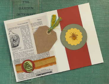 Finished garden dictionary folio card with pockets, tag and bee medallion