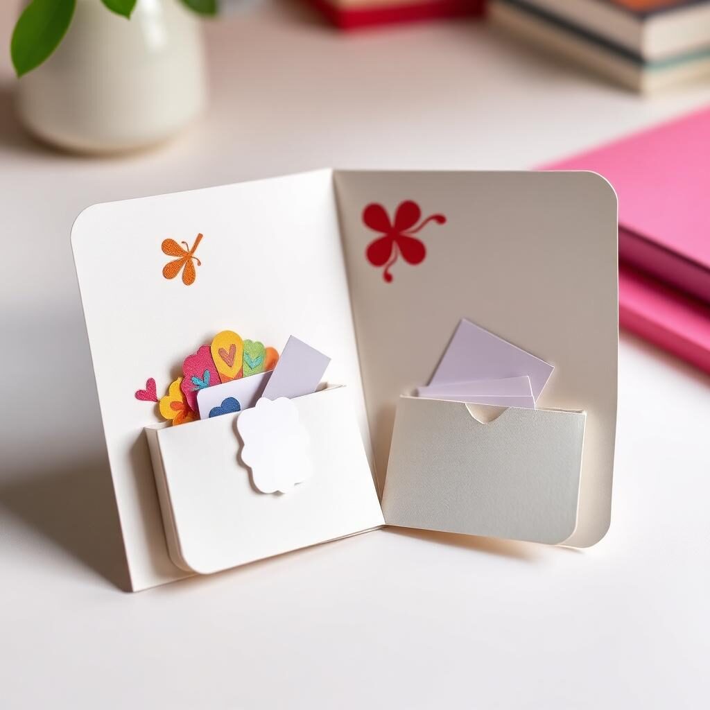 Open handmade Paper & Pockets card showing pockets, tuck spots, and layered details